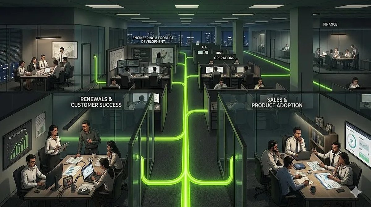 Illustrated open-plan office at night with green lines visualising how revenue flows between engineering, QA, operations, finance, sales, and customer success teams.