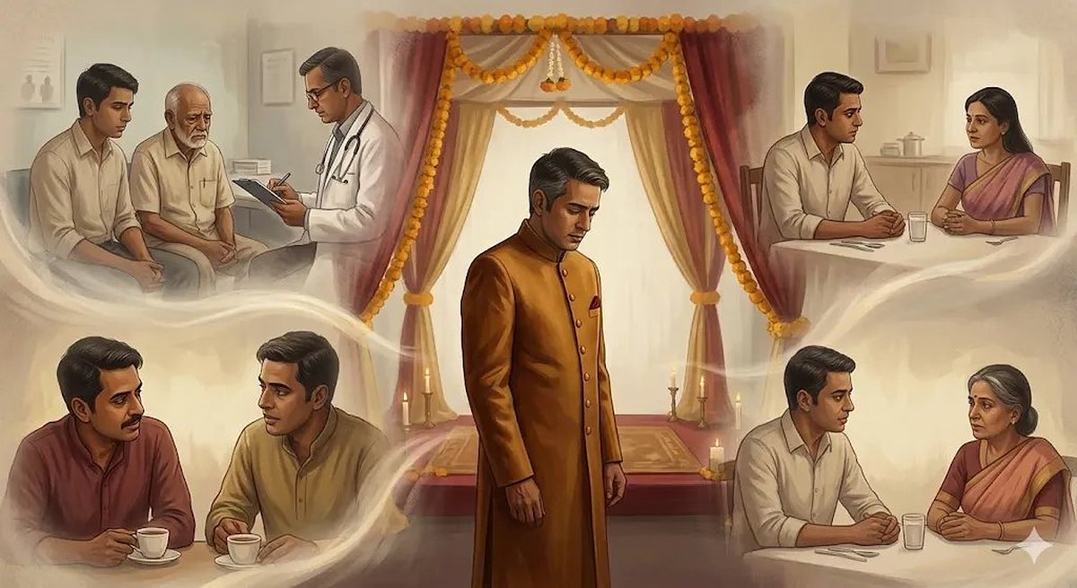 Composite illustration showing four pivotal Indian life moments: a clinic, an evening tea conversation, a family dining table, and a wedding mandap.